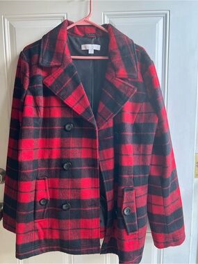 New York & Company Red and Black Plaid Double-Breasted Peacoat
